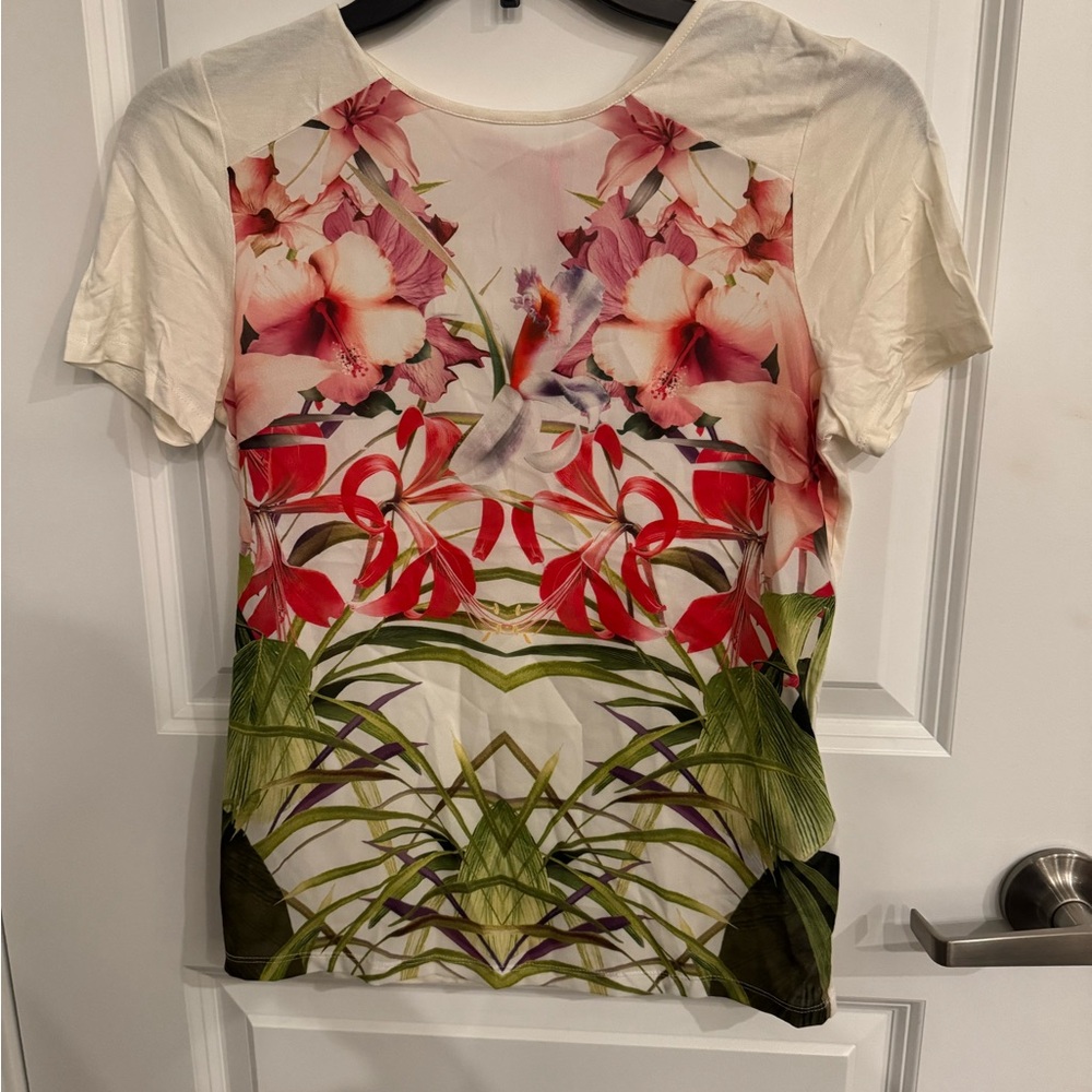 Ted Baker Floral White and Red Graphic Short Sleeve Tee